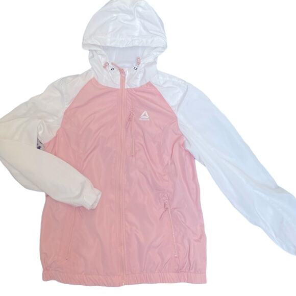Reebok Windbreaker JACKET Womens S Pink White Hooded Long Sleeve Water Resistant - Picture 1 of 12